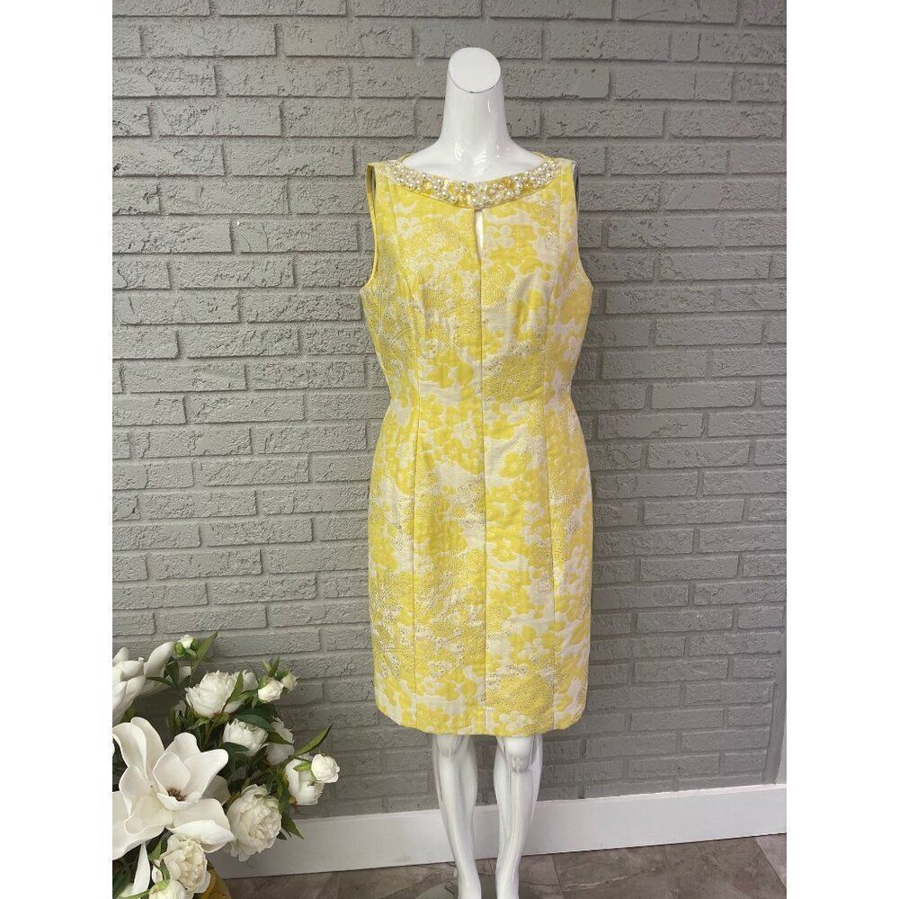 Tahari ASL Women Yellow White Floral Faux Pearl & Gold Sequin Sheath Dress Size
